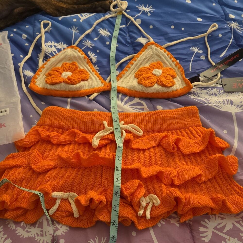 ROMWE Orange White Floral Bow Crochet Knit Triangle Top & Short Set L NWT